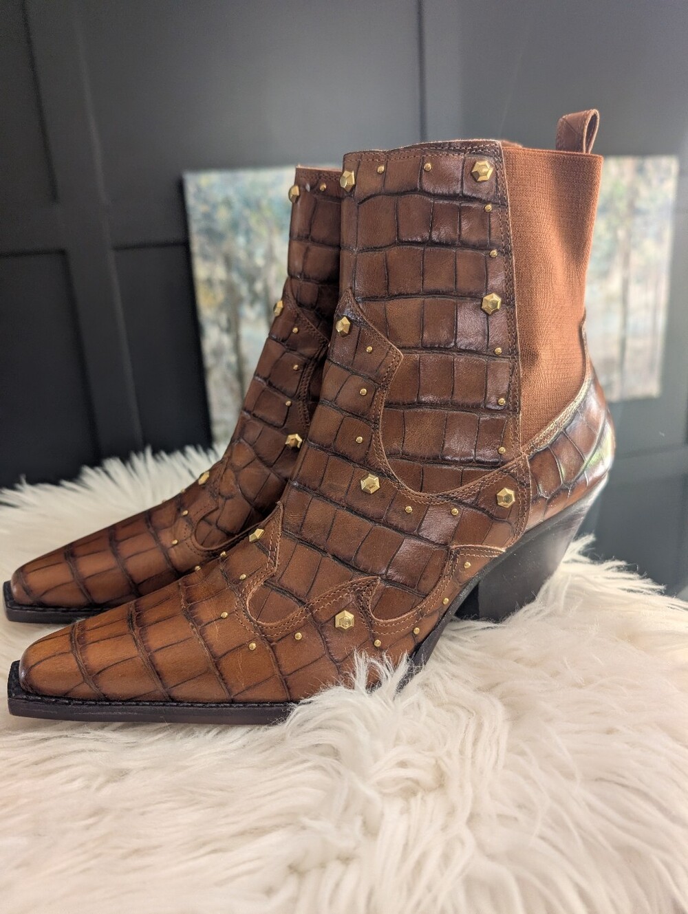 Vince Camuto Brown Croc-Embossed Studded Booties